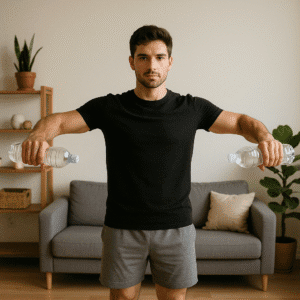 lateral raise workout at home can be done by holding water bottle in both hand and moving up and down.