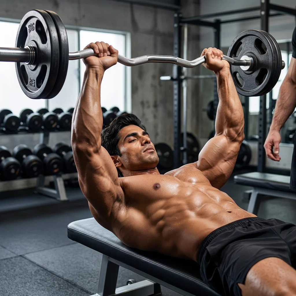 tricep routine skull crushers with ez bar on gym bench